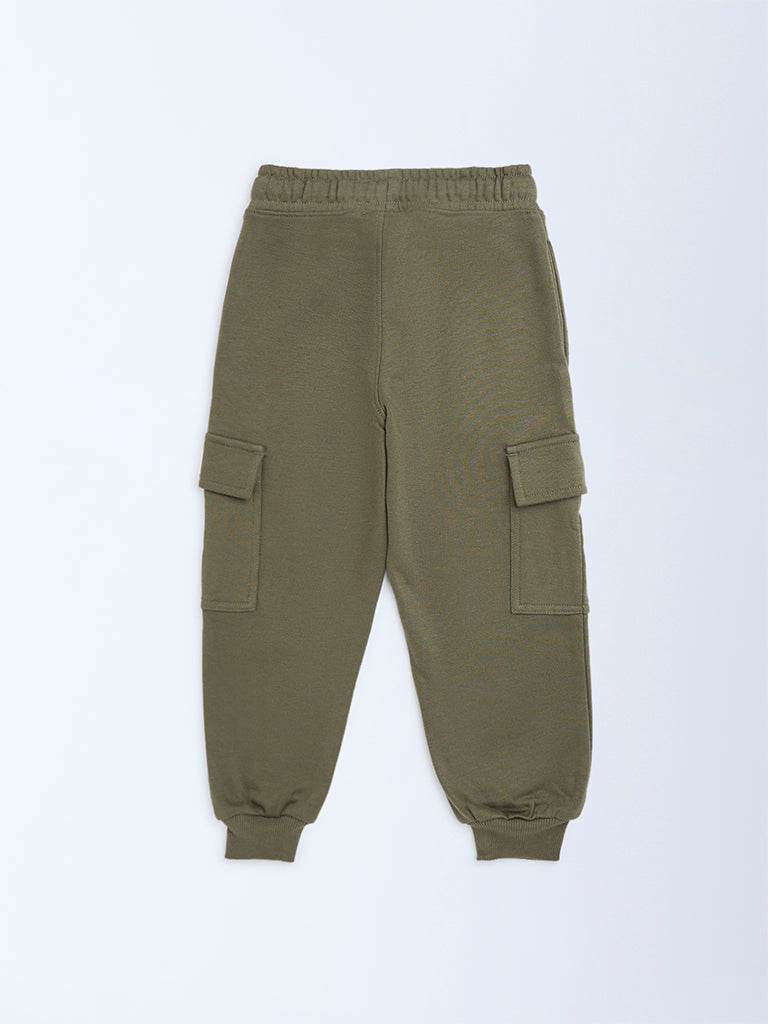 HOP Kids Boys Olive Mid-Rise Cotton-Blend Joggers