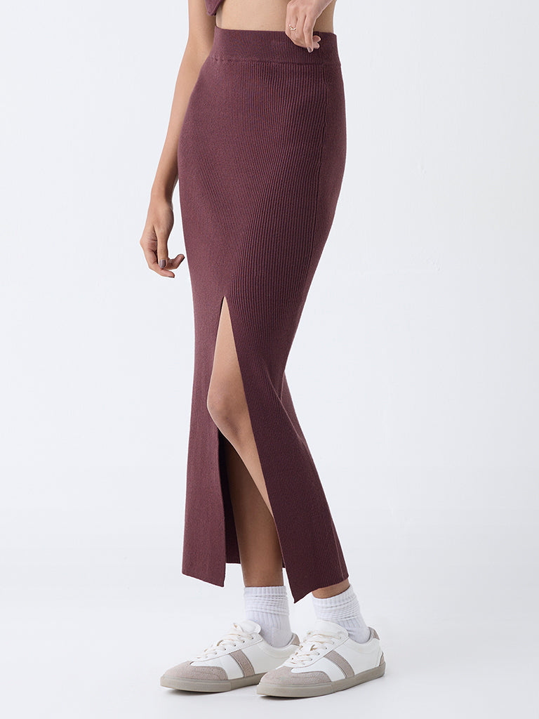 Nuon Dark Brown Ribbed High-Rise Skirt