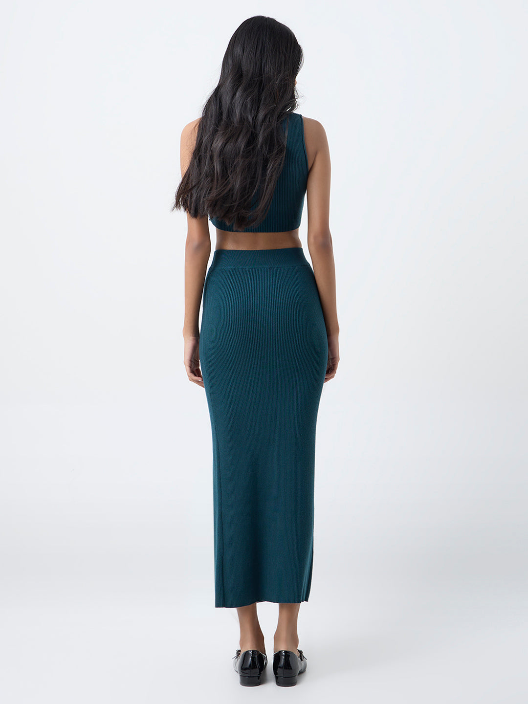 Nuon Teal Ribbed-Textured High-Rise Skirt