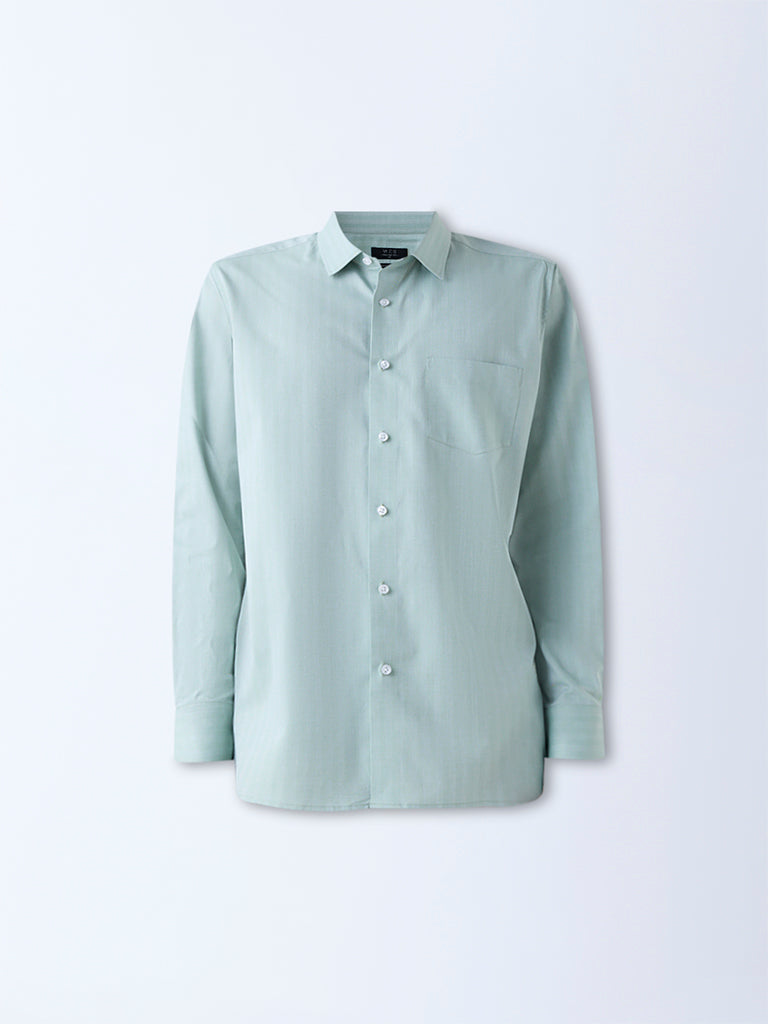 WES Formals Sage Self-Striped Relaxed-Fit Cotton Shirt