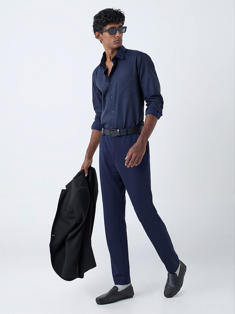 WES Formals Navy Striped Relaxed-Fit Cotton Shirt