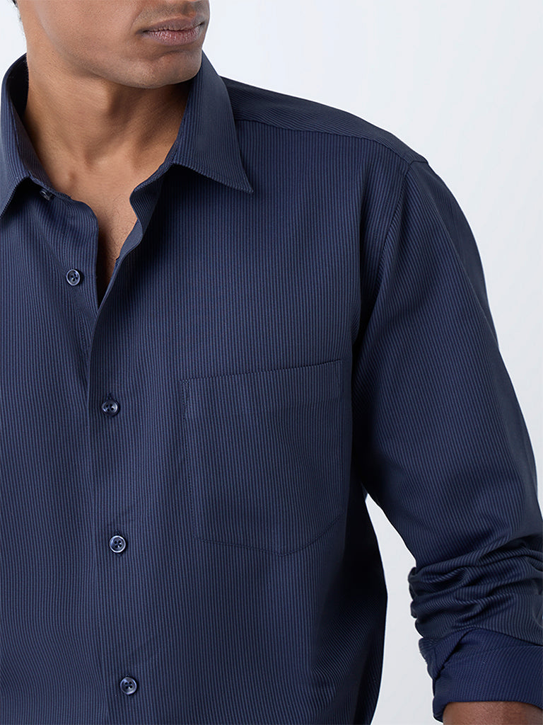 WES Formals Navy Striped Relaxed-Fit Cotton Shirt