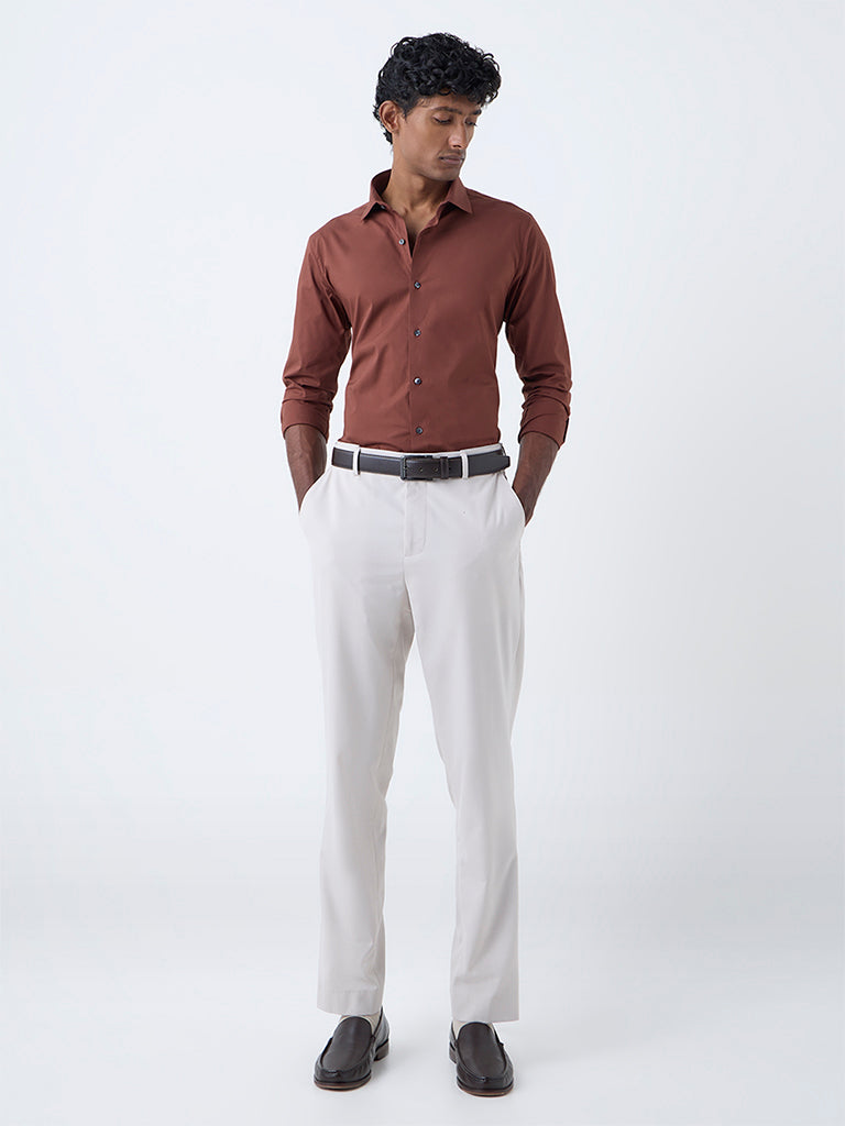 WES Formals Brown Solid Ultra Slim-Fit Cotton-Blend Shirt