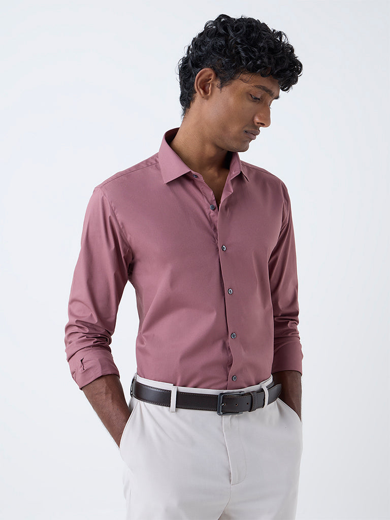 WES Formals Dusty Pink Solid Ultra Slim-Fit Cotton-Blend Shirt