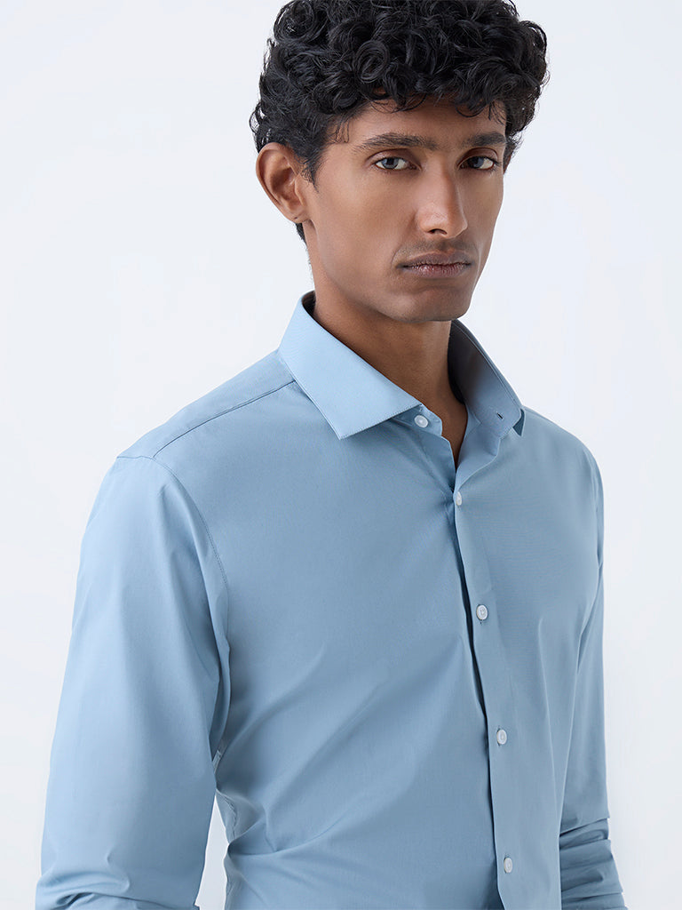 WES Formals Dusty Blue Ultra Slim-Fit Cotton-Blend Shirt