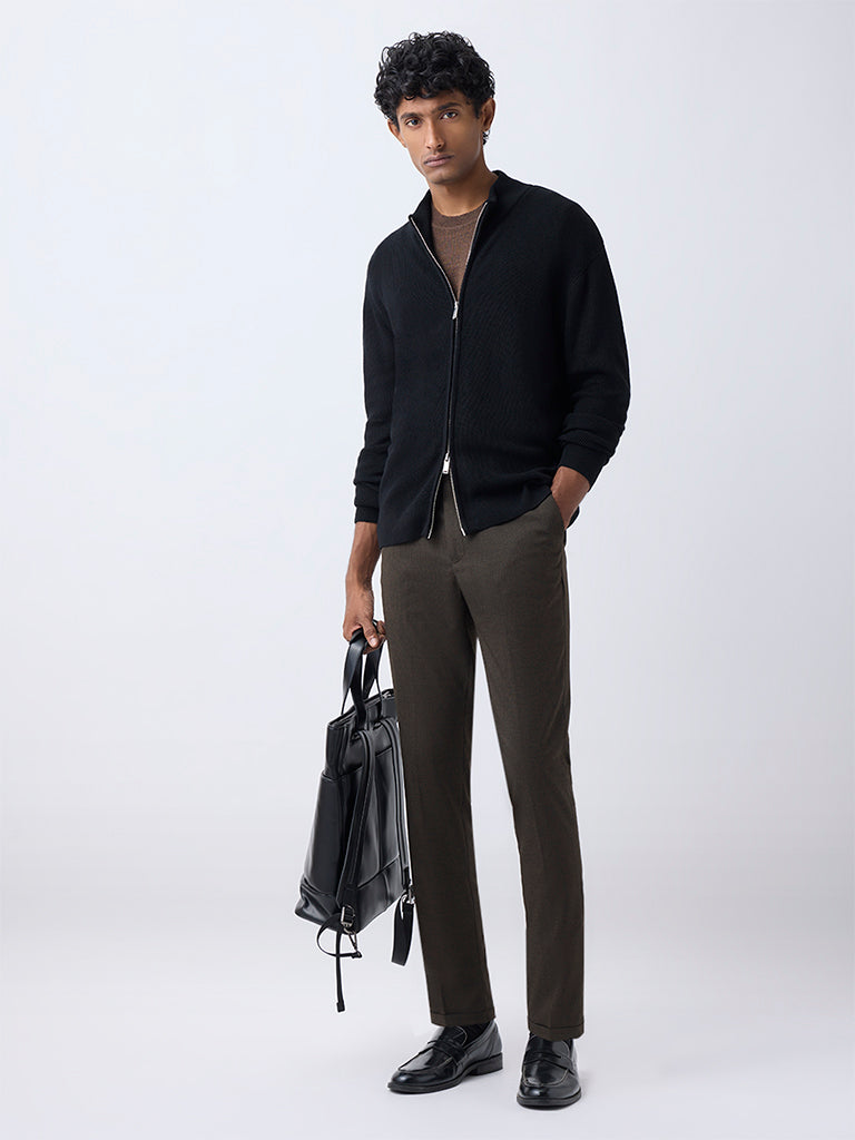 WES Formals Brown Checkered Slim-Fit Mid-Rise Trousers