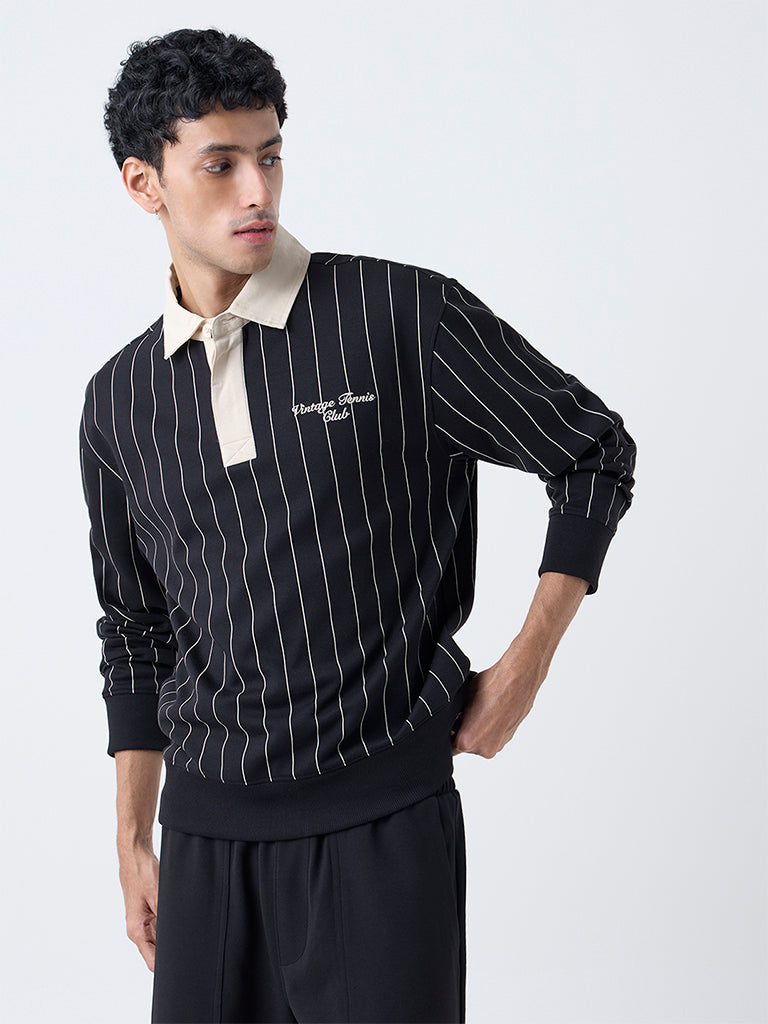 Studiofit Black Striped Relaxed-Fit Polo Sweatshirt
