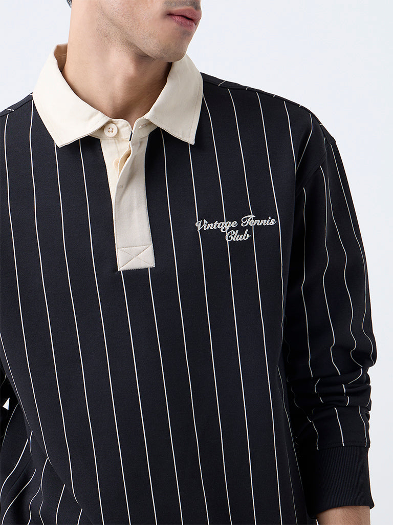Studiofit Black Striped Relaxed-Fit Polo Sweatshirt