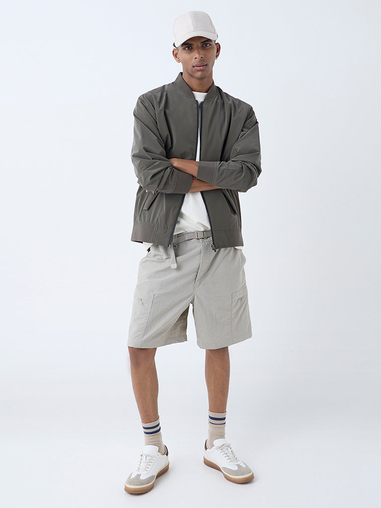 Westside Studiofit Men's Olive Solid Relaxed-Fit Bomber Jacket for Sports Wear Full View