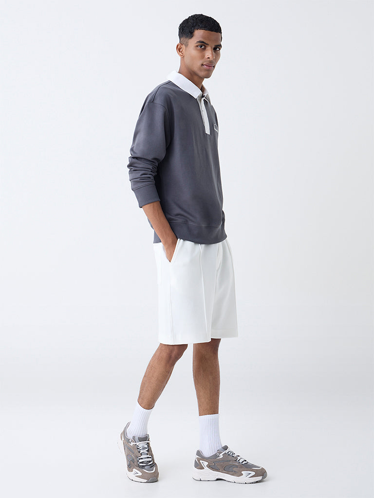 Studiofit Grey Text Detailed Relaxed-Fit Polo T-Shirt