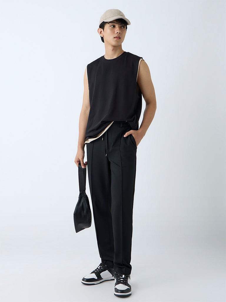 Westside Studiofit Men's Black Solid Relaxed-Fit Mid-Rise Pants for Sports Wear Full View