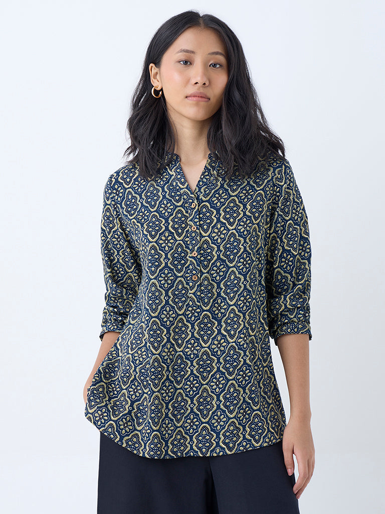 Westside Utsa Women's Indigo Printed Tunic for Everyday Front View