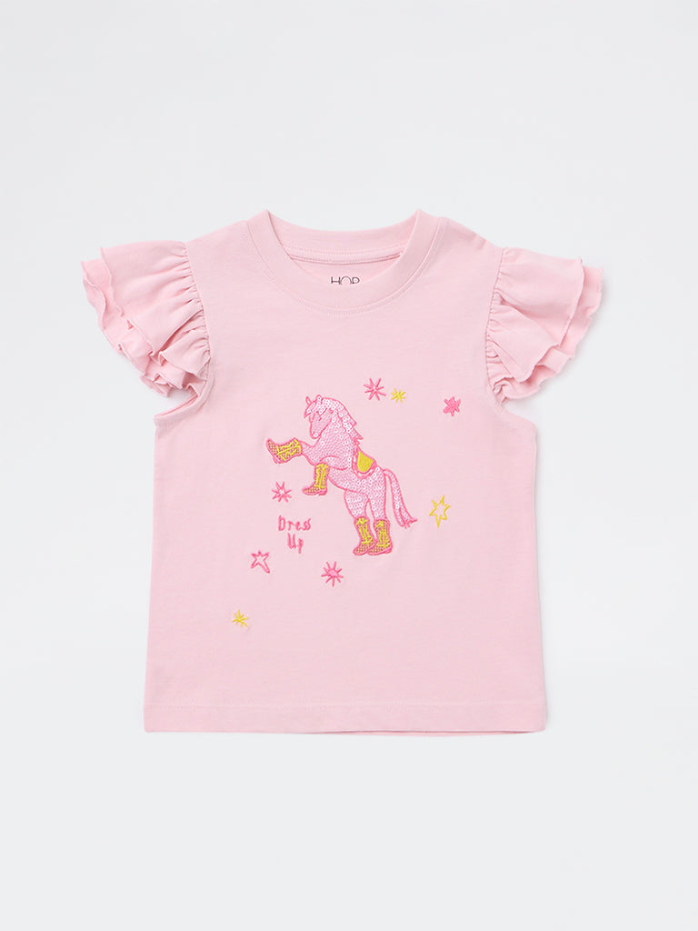 HOP Kids Girls Light Pink Unicorn Embellished Top