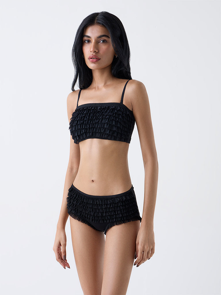 Superstar Black Ruffle-Detailed Padded Bandeau Bra