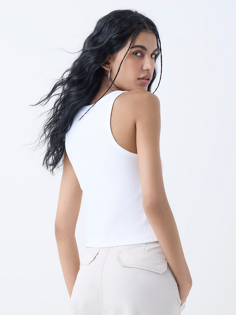 Westside Nuon Women's White Ribbed Cotton-Blend Tank Top for Casual Wear Back View