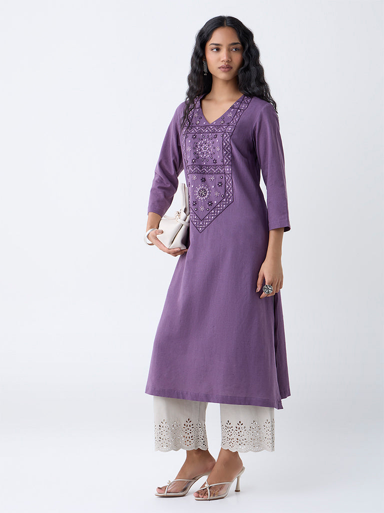 Utsa Purple Embroidered Cotton-Blend A-Line Kurta