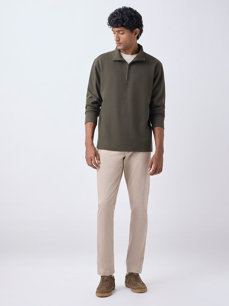 WES Casuals Olive Solid Relaxed-Fit Quarter-Zip Cotton-Blend Sweatshirt