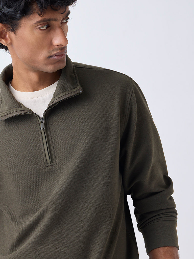 WES Casuals Olive Solid Relaxed-Fit Quarter-Zip Cotton-Blend Sweatshirt