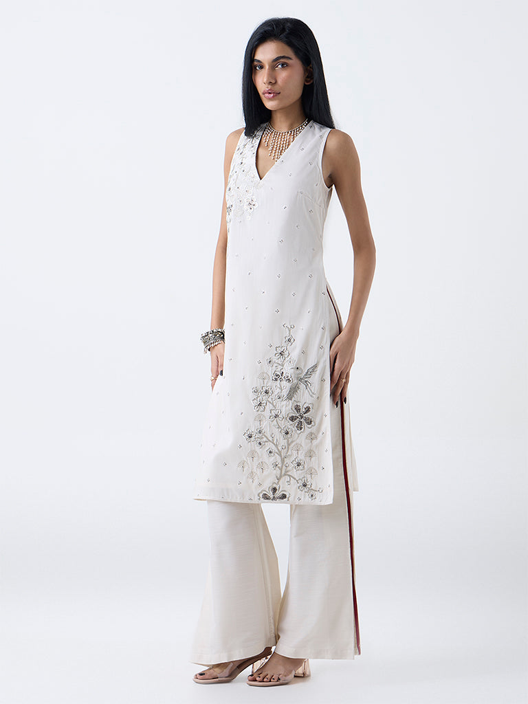 Vark Off-White Floral Embroidered A-Line Ethnic Set