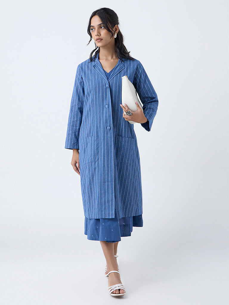 Utsa Blue Stripe Printed Cotton Jacket