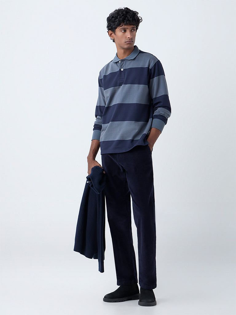 WES Casuals Dark Blue Striped Relaxed Fit Cotton-Blend Polo T-Shirt