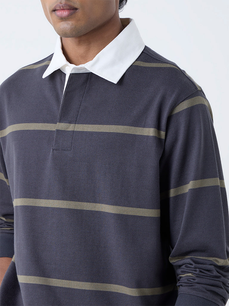 WES Casuals Black Stripe Relaxed-Fit Cotton-Blend Polo T-Shirt