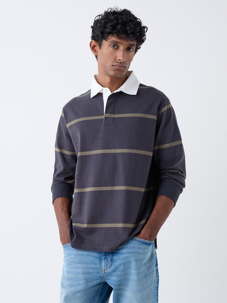 WES Casuals Dark Grey Striped Relaxed Fit Cotton-Blend Polo T-Shirt
