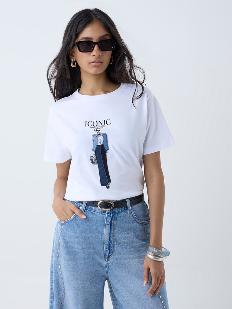 LOV White Graphic Printed Cotton T-Shirt