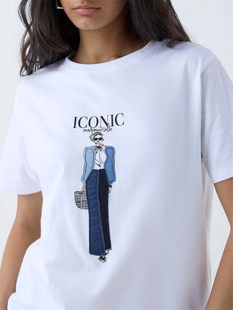 LOV White Graphic Printed Cotton T-Shirt
