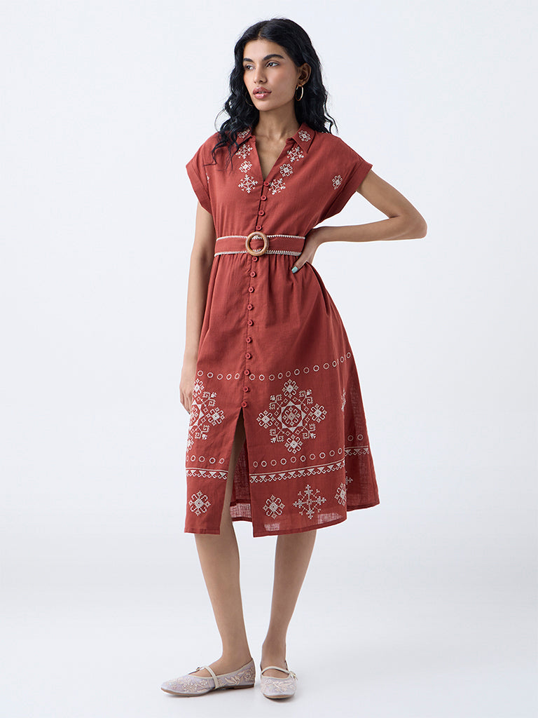 Bombay Paisley Rust Embroidered Cotton Shirt Dress with Belt