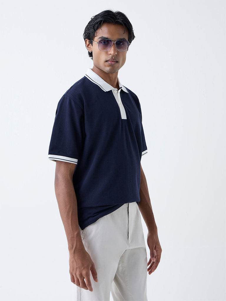 WES Casuals Navy Self Relaxed-Fit Cotton-Blend Polo T-Shirt