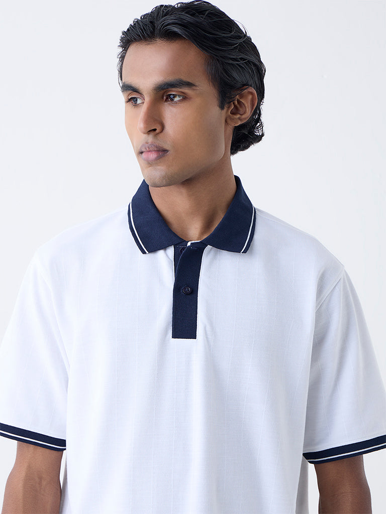 WES Casuals White Self Relaxed-Fit Cotton-Blend Polo T-Shirt
