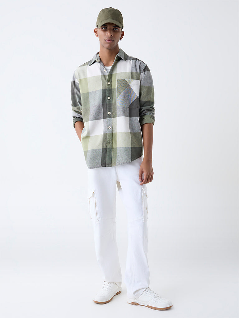 Nuon Light Olive Checkered Relaxed Fit Cotton Shirt