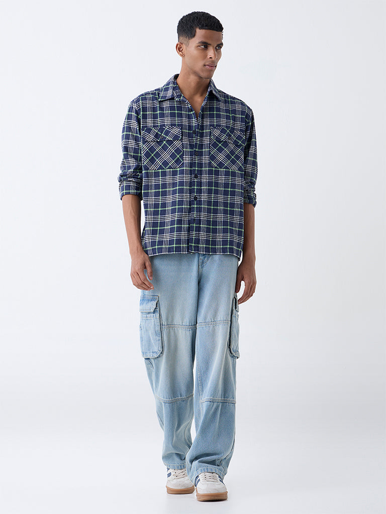 Nuon Navy Checkered Relaxed-Fit Cotton Shirt