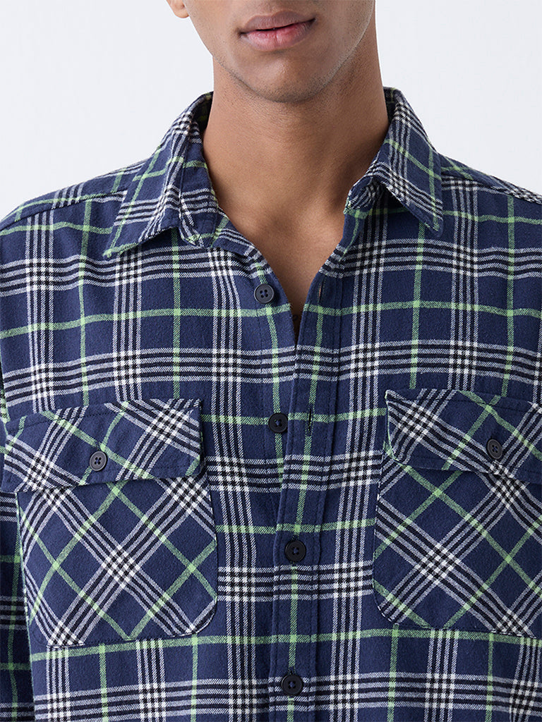 Nuon Navy Checkered Relaxed-Fit Cotton Shirt
