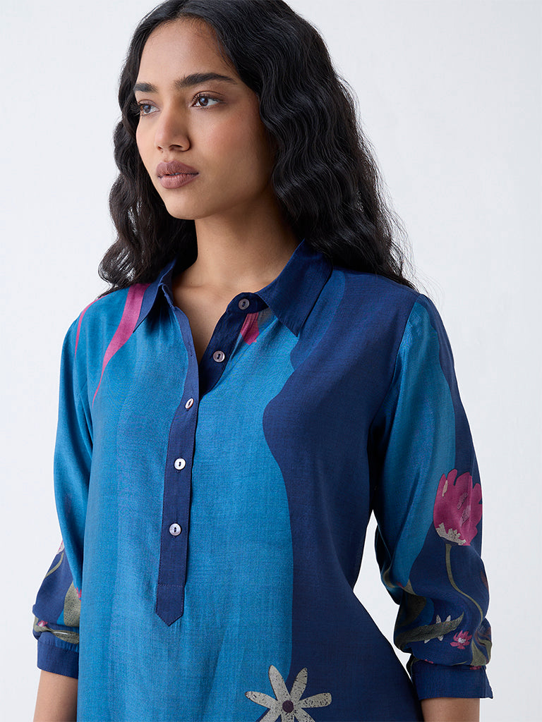 Utsa Indigo Floral Printed A-Line Kurta