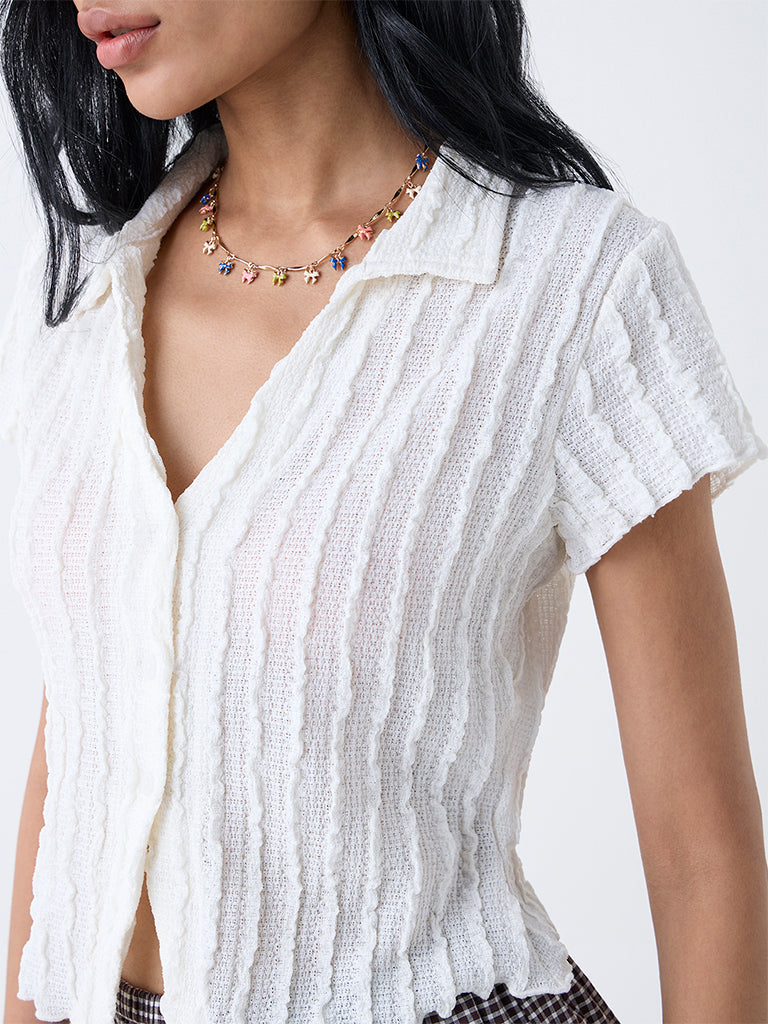 Westside Nuon Women's White Knit-Textured Shirt for Casual Wear Zoomed View