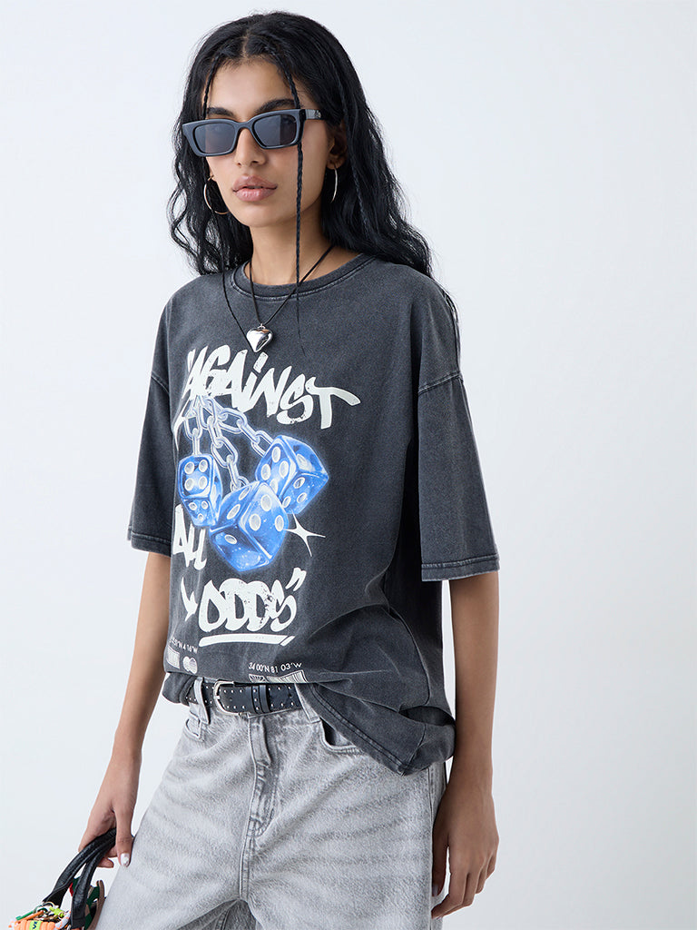 Westside Nuon Women's Grey Printed Cotton T-Shirt for Casual Wear Front view