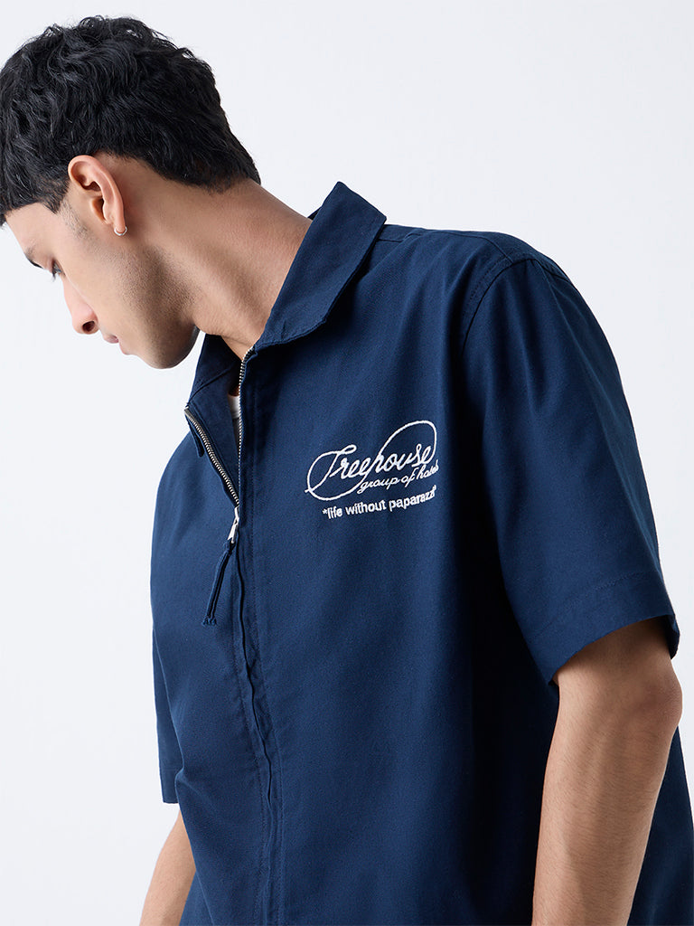 Nuon Navy Text Embroidered Relaxed-Fit Cotton Jacket