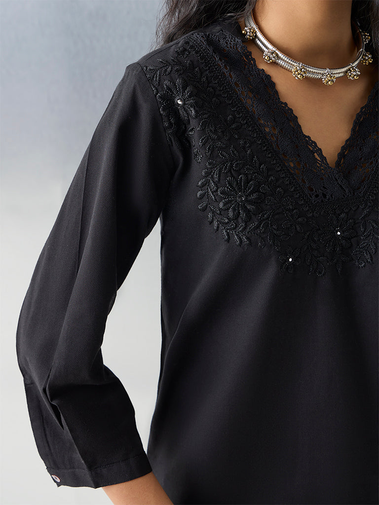 Utsa Black Embroidered Cotton-Blend Tunic