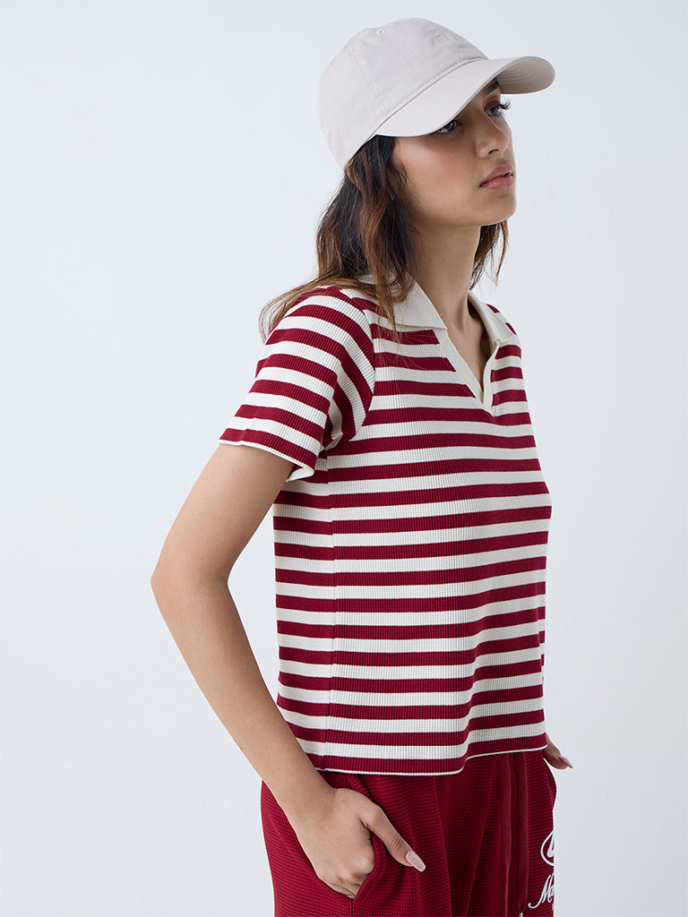 Westside Studiofit Women's Maroon Striped Cotton-Blend T-Shirt for Sports Wear Front view