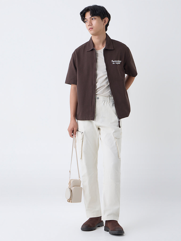 Nuon Dark Brown Text Pattern Relaxed-Fit Cotton Shirt