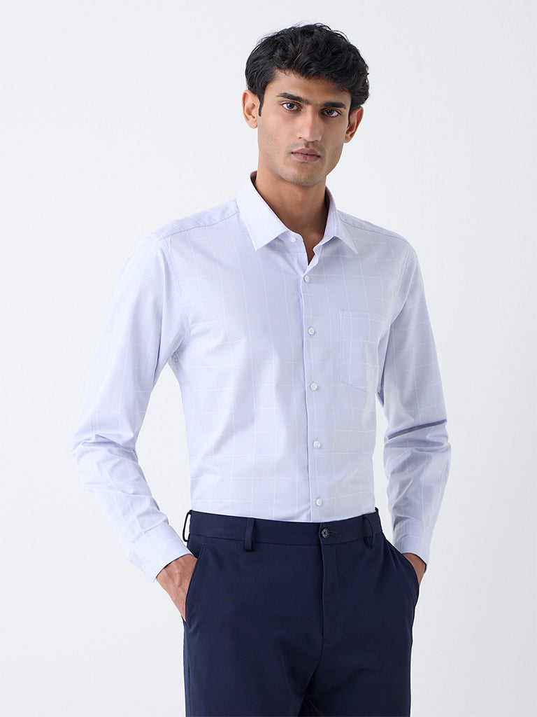 WES Formals Light Grey Checkered Slim-Fit Cotton Shirt