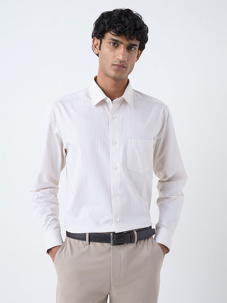 WES Formals Beige Striped Relaxed-Fit Cotton Shirt