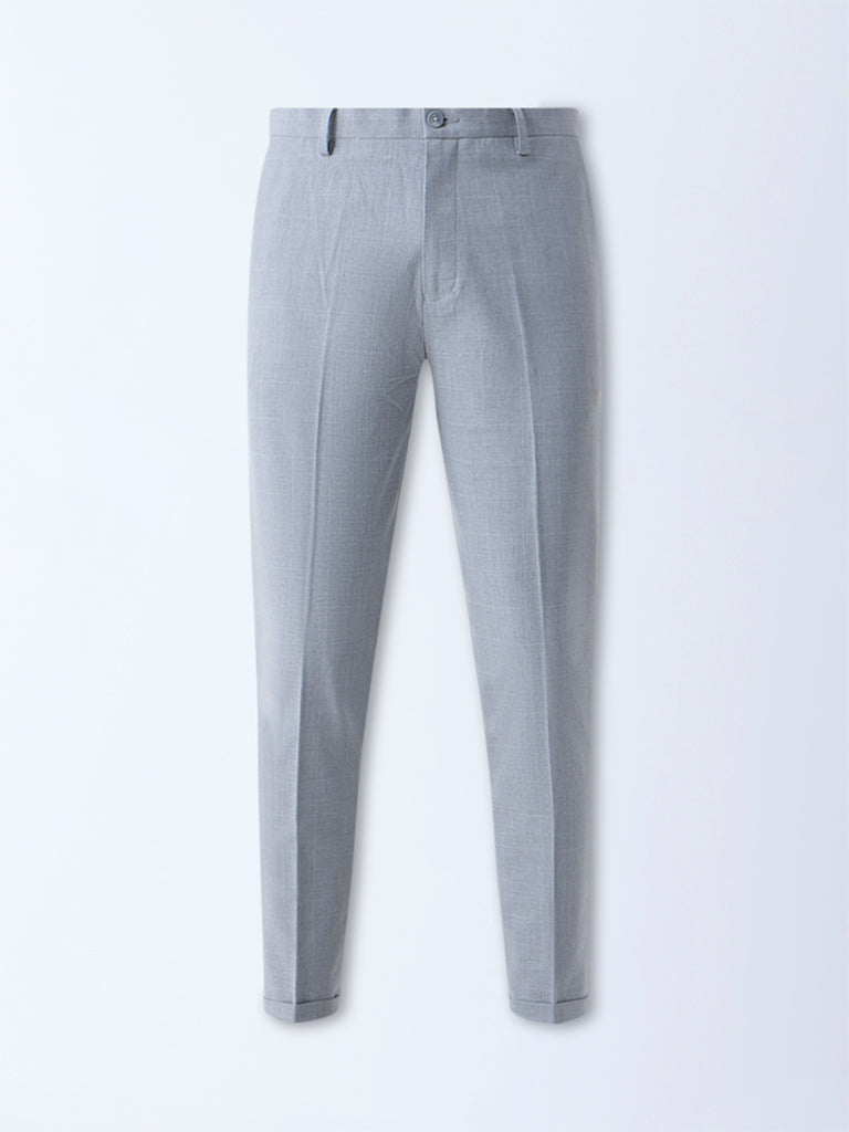 WES Formals Grey Checkered Slim-Fit Mid-Rise Trousers