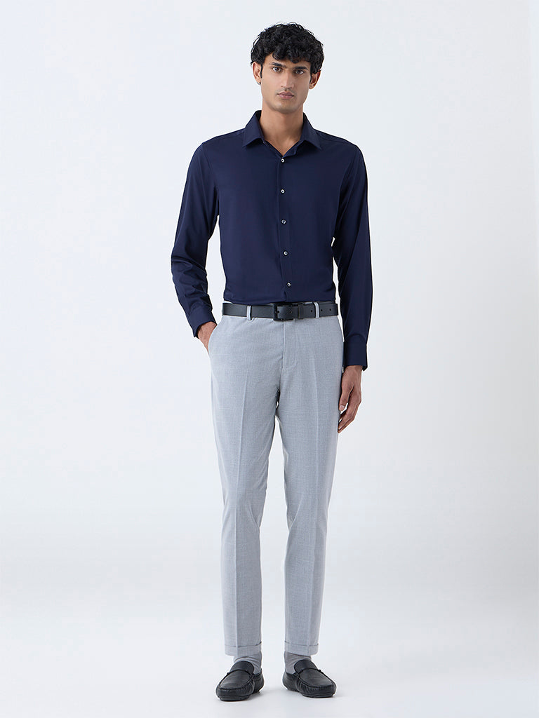 WES Formals Grey Checkered Slim-Fit Mid-Rise Trousers