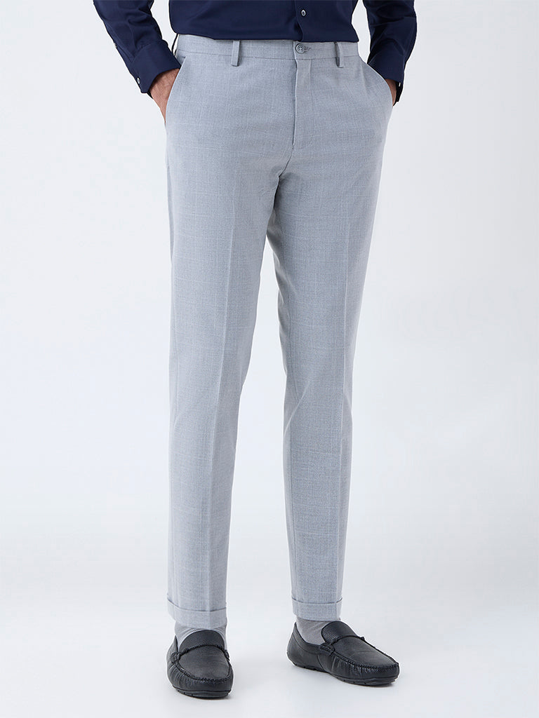 WES Formals Grey Checkered Slim-Fit Mid-Rise Trousers