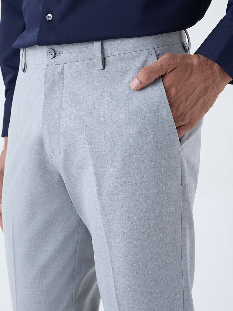 WES Formals Grey Checkered Slim-Fit Mid-Rise Trousers