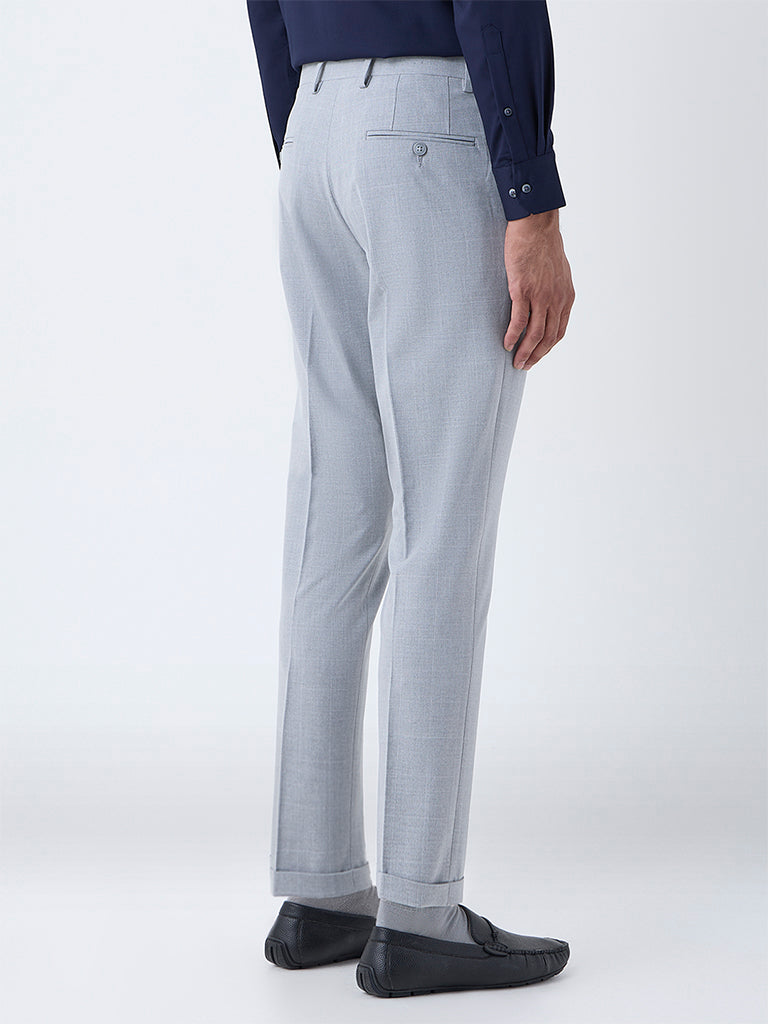WES Formals Grey Checkered Slim-Fit Mid-Rise Trousers