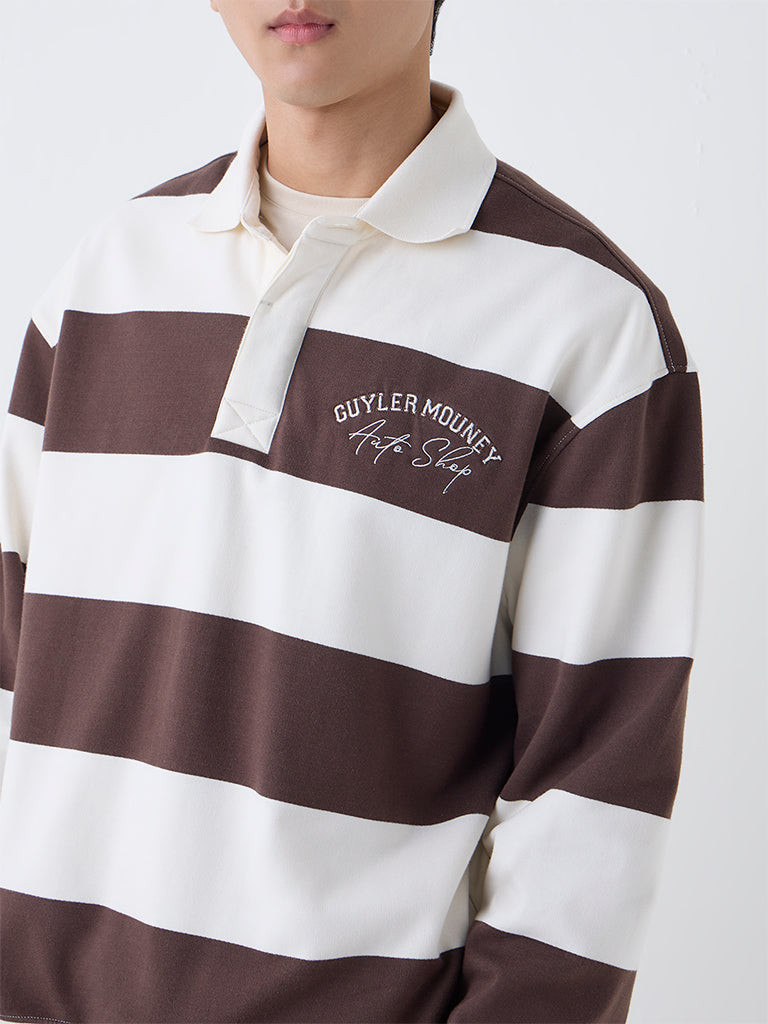 Nuon Dark Brown Striped Relaxed-Fit Polo Sweatshirt